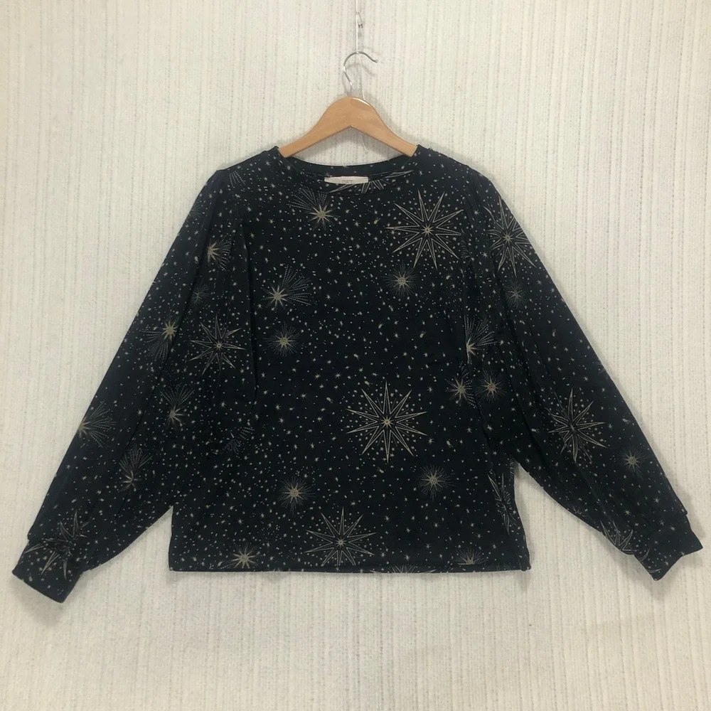 Loft Womens Celestial Starburst Puff Sleeve Velvet Top Navy Gold Large NWT